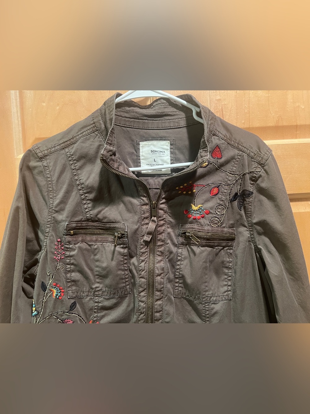 Sonoma Utility Jacket Women’s Olive Green Floral Bird Embroidered Zip-up Boho L - Picture 2 of 14